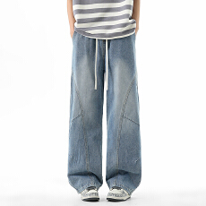 实拍2026新款弯刀拼接打折牛仔裤港风松紧腰垂感百搭阔腿裤长裤子