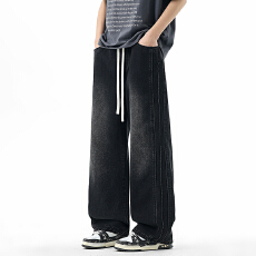 实拍2026新款侧边三拼接宽松直筒松紧腰橡筋裤水洗复古牛仔长裤男