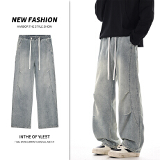 批发实拍2026新款时尚潮流牛仔裤男美式复古抽绳宽松直筒阔腿潮流裤子