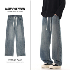 批发实拍2026<b class='q'>春</b>季新款休闲牛仔裤子男宽松直筒工装阔腿潮流松紧腰裤子
