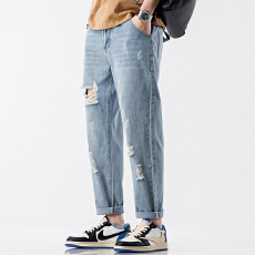 实拍2026夏季新款九分破洞牛仔裤男宽松哈伦直筒裤