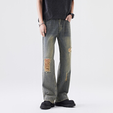 实拍2026新款微喇美式牛仔裤男高街怀旧个性破洞宽松阔腿拖地裤