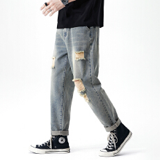 实拍2026春夏宽松哈伦薄款破洞小直筒牛仔裤复古美式潮牌男裤