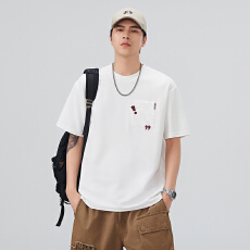 实拍2026夏季潮牌重工刺绣纯棉袖t恤男国潮美式宽松日系休闲T恤