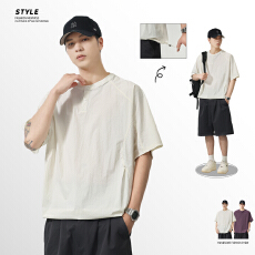 实拍2026夏季新款亨利领插肩短袖T恤男士透气抗皱圆领套头上衣