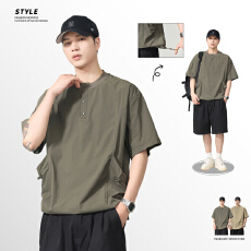 批发实拍2026夏季新款圆领半纽扣短袖男薄款T恤透气凉感潮牌上衣