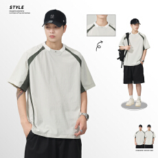 批发实拍2026夏季新款美式休闲风拼色短袖T恤男士透气日常通勤上衣