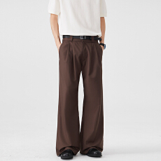 批发春夏新款复古双褶宽松垂感休闲西裤男高级感老钱风弯刀阔腿裤子