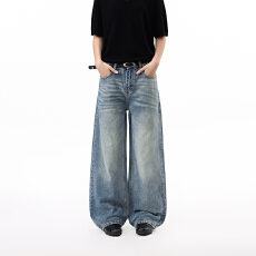 批发美式复古水洗<b class='q'>牛仔裤</b>男女直筒潮牌cleanfit高街休闲百搭宽松阔腿裤
