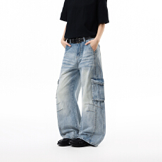 批发美式猫须水洗多口袋工装牛仔裤男女宽松直筒潮牌休闲阔腿拖地裤子
