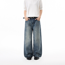 美式复古压痕猫须做旧水洗牛仔裤男女直筒宽松cleanfit休闲阔腿裤