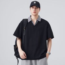 实拍2026夏季新款假两件Polo衫短袖男翻领重磅体恤百搭休闲上衣