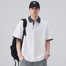 实拍2026夏季新款日系拼接Polo衫短袖男翻领重磅体恤百搭休闲上衣