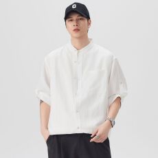 实拍2026夏季新款复古亚麻短袖衬衫男五分袖立领开衫衬衣外套