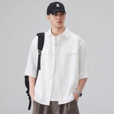 实拍2026夏季新款潮牌工装短袖衬衫男士日系简约五分袖衬衣