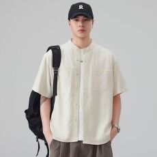 批发实拍2026夏季新款复古亚麻提花短袖<b class='q'>衬衫</b><b class='q'>男</b>五分袖开衫<b class='q'>衬衣</b>休闲外套