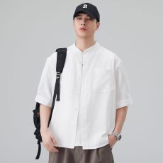 批发实拍2026夏季新款潮牌工装短袖<b class='q'>衬衫</b><b class='q'>男</b>士日系简约立领五分袖<b class='q'>衬衣</b>