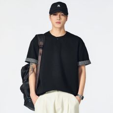 实拍2026夏季新款纽扣短袖T恤男日系复古百搭潮流五分袖t恤打底衫