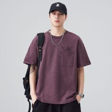 实拍2026夏季新款潮牌t恤刺绣口袋设计日系复古简约百搭短袖体恤