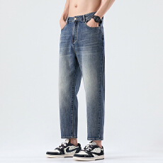 批发实拍2026夏季新款弹力九分牛仔裤男复古潮流直筒<b class='q'>裤子</b>