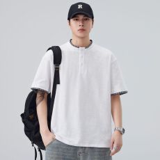 批发实拍2026夏季新款潮牌假两件短袖T恤男日系复古潮流重磅百搭体恤