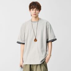 批发实拍2026夏季新款短袖<b class='q'>T</b><b class='q'>恤</b>男日系复古拼接结构重磅宽松圆领体恤衫
