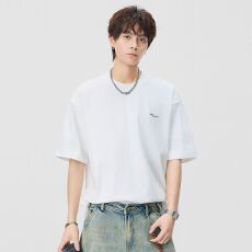 实拍2026夏季新款简约字母刺绣短袖T恤男重磅日系潮流百搭体恤