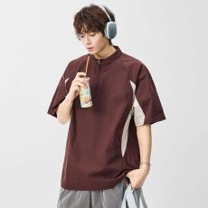 实拍2026夏季新款立领套头拼接短袖T恤男士日系复古户外骑行服潮t