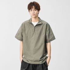 立领半拉链短袖T恤男2026夏季新款户外宽松骑行服百搭休闲复古潮t