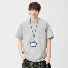 实拍2026夏季新款圆领短袖T恤男日系复古纯色口袋宽松五分袖体恤