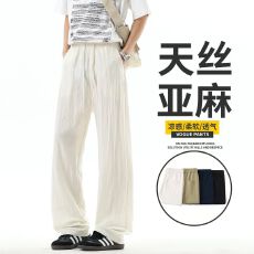 批发实拍夏季新款天丝亚麻休闲裤男士直筒宽松紧腰凉感透气垂感裤子男