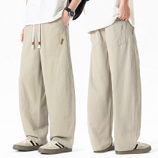 实拍2026夏季新款天丝棉弯刀休闲裤男宽松百搭松紧腰拼接长裤