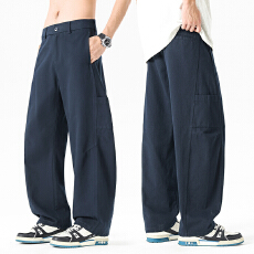 实拍2026夏季新款纯棉弯刀工装直筒休闲裤男宽松百搭半松紧腰裤子