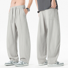 实拍2026夏季新款纯棉工装直筒休闲裤宽松百搭松紧腰潮流拼接裤子