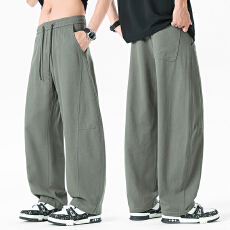 实拍2026夏季新款纯棉弯刀休闲裤男宽松百搭松紧腰潮流拼接裤子