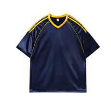 实拍2026夏季新款潮牌撞色拼三条杆短袖V领宽松百搭冰丝上衣男