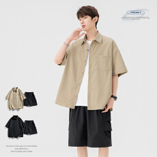 实拍2026夏季新款冰感休闲短袖短裤套装男宽松百搭简约两件套