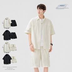 实拍夏季新款冰感休闲衬衣短袖工装短裤套装男宽松百搭简约两件套