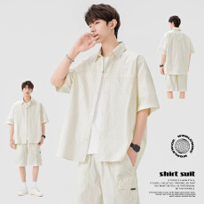 实拍夏季新款冰感休闲衬衣短袖工装短裤套装男宽松百搭简约两件套