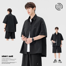 批发实拍夏季新款冰感短袖<b class='q'>衬衣</b>工装短裤<b class='q'>休闲</b>套装<b class='q'>男</b>宽松百搭简约两件套