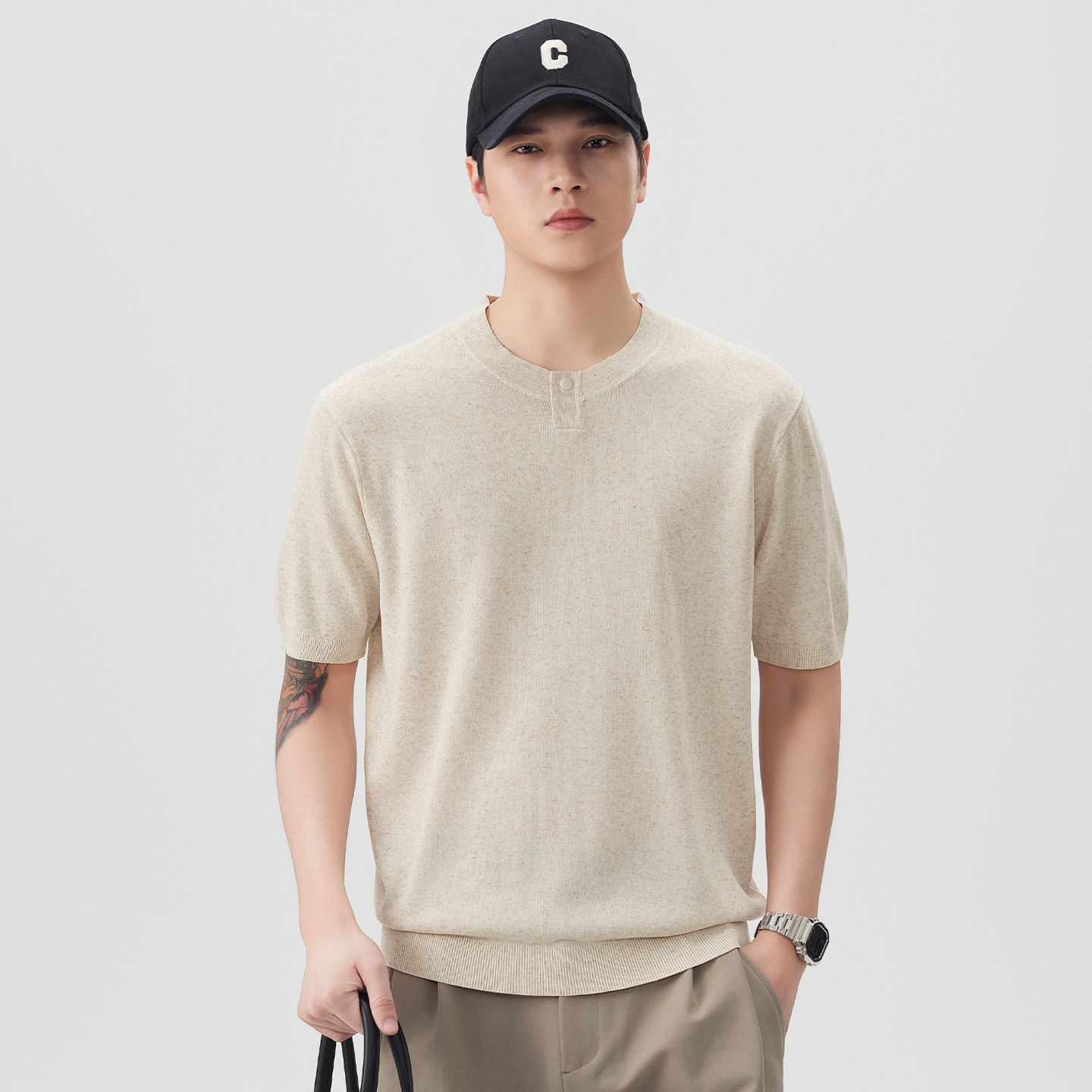 여름 오래된 돈 바람 마 면 반팔 티셔츠 남자 니트 스웨터 라운드 넥 다용도 일본식 레트로 단색 캐주얼 티셔츠