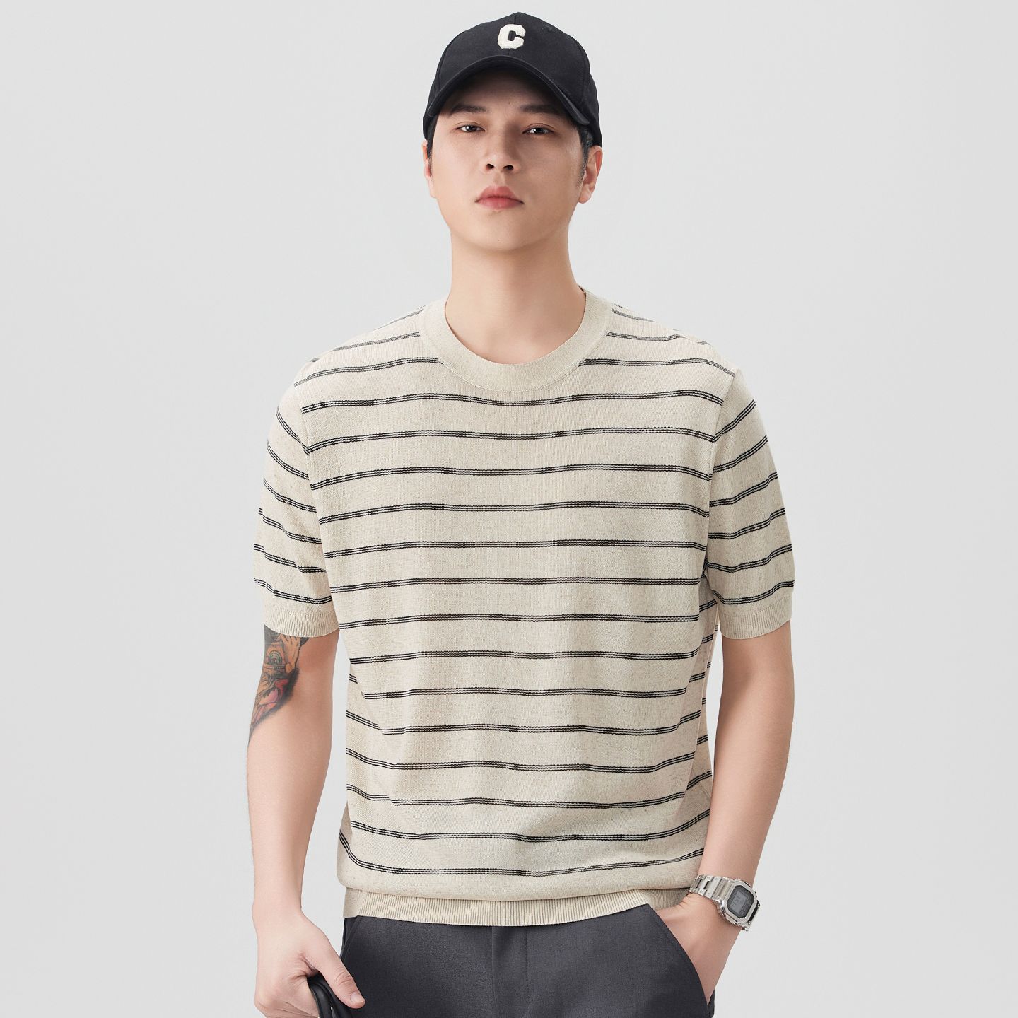 여름 오래된 돈 바람 마 면 반팔 티셔츠 남자 스트라이프 니트 스웨터 티셔츠 일본식 레트로 다용도 라운드 넥 트렌드