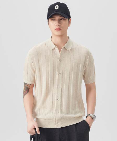 여름 마 면 오래된 돈 바람 폴로 칼라 반팔 니트 스웨터 티셔츠 남자 새로운 일본식 레트로 스트라이프 오픈 가디건 티셔츠
