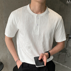 实拍2026夏季新款亨利领短袖T恤男宽松肌理感半袖休闲百搭亨利衫