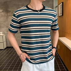 实拍2026夏季新款复古撞色针织条纹短袖T恤男垂坠感日常通勤上衣