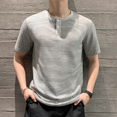 实拍2026夏季新款条纹亨利领短袖T恤男垂坠感日常通勤半袖上衣