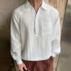 批发亚麻老钱风日系半开襟设计<b class='q'>长袖</b><b class='q'>衬衫</b>男简约纯色宽松抽绳下摆<b class='q'>衬衣</b>
