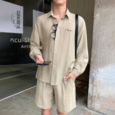 批发<b class='q'>夏</b>季新款宽松翻领长袖衬衫+五分裤两件套简约通勤百搭休闲套装
