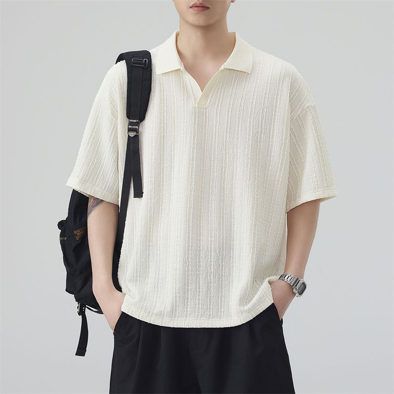 실사 2026 여름 새로운 POLO 셔츠 반팔 남자 얇은 스트립 자카드 230g 수직 기사 3 차원 미니멀리즘 루즈핏 일본식