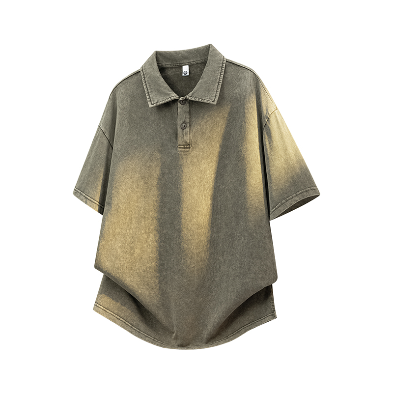 실사 일본식 레트로 워시 물 순면 반팔 POLO 셔츠 남자 여름 루즈핏 단색 다용도 캐주얼 폴로 칼라 티셔츠